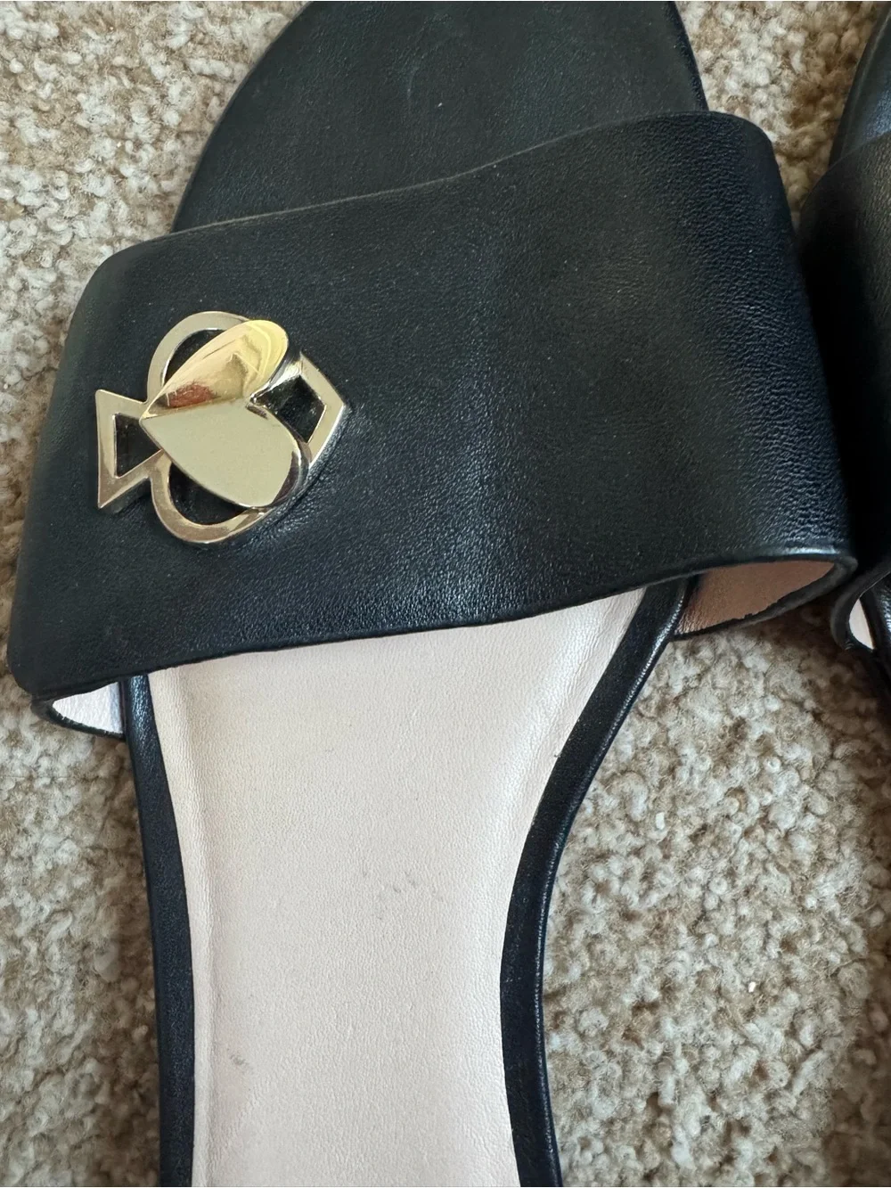Kate Spade New York Ferry Black Leather  Slide Sandals with silver logo